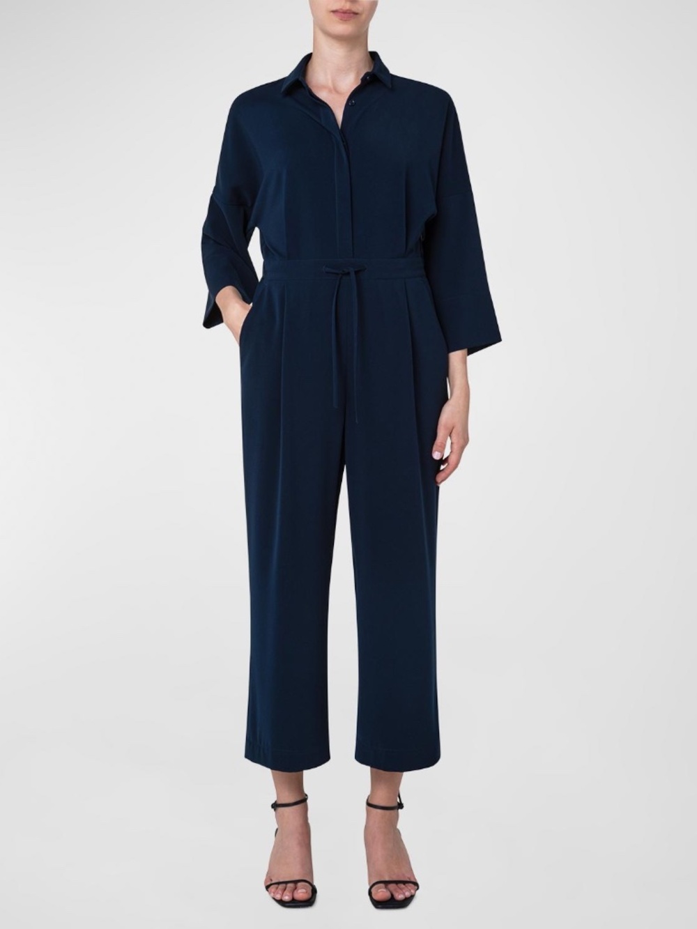 Akris Punto Navy Button Front Wide Leg Cropped Jumpsuit Size 14 Neiman Marcus